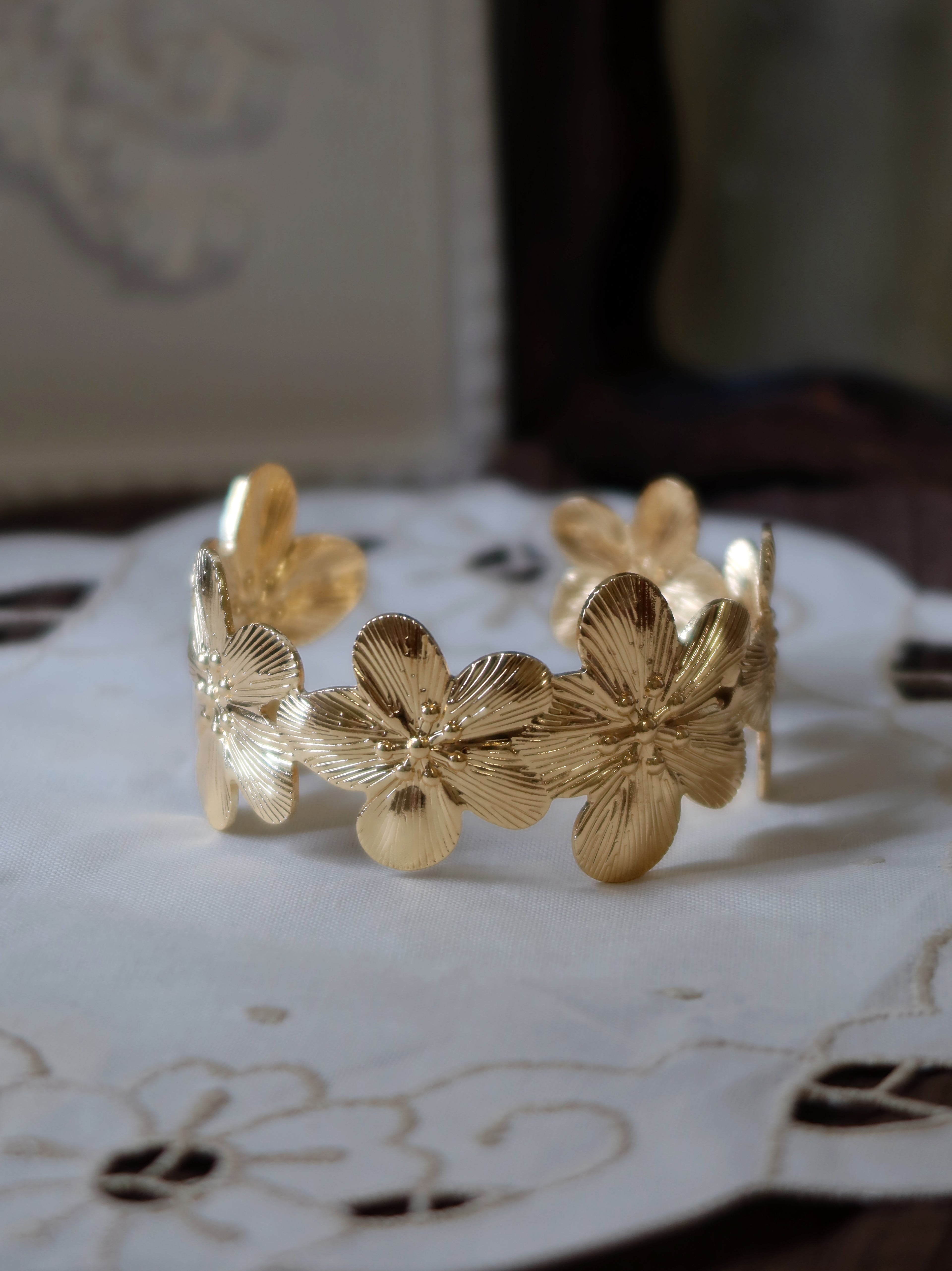 Gold floral bracelet cuff