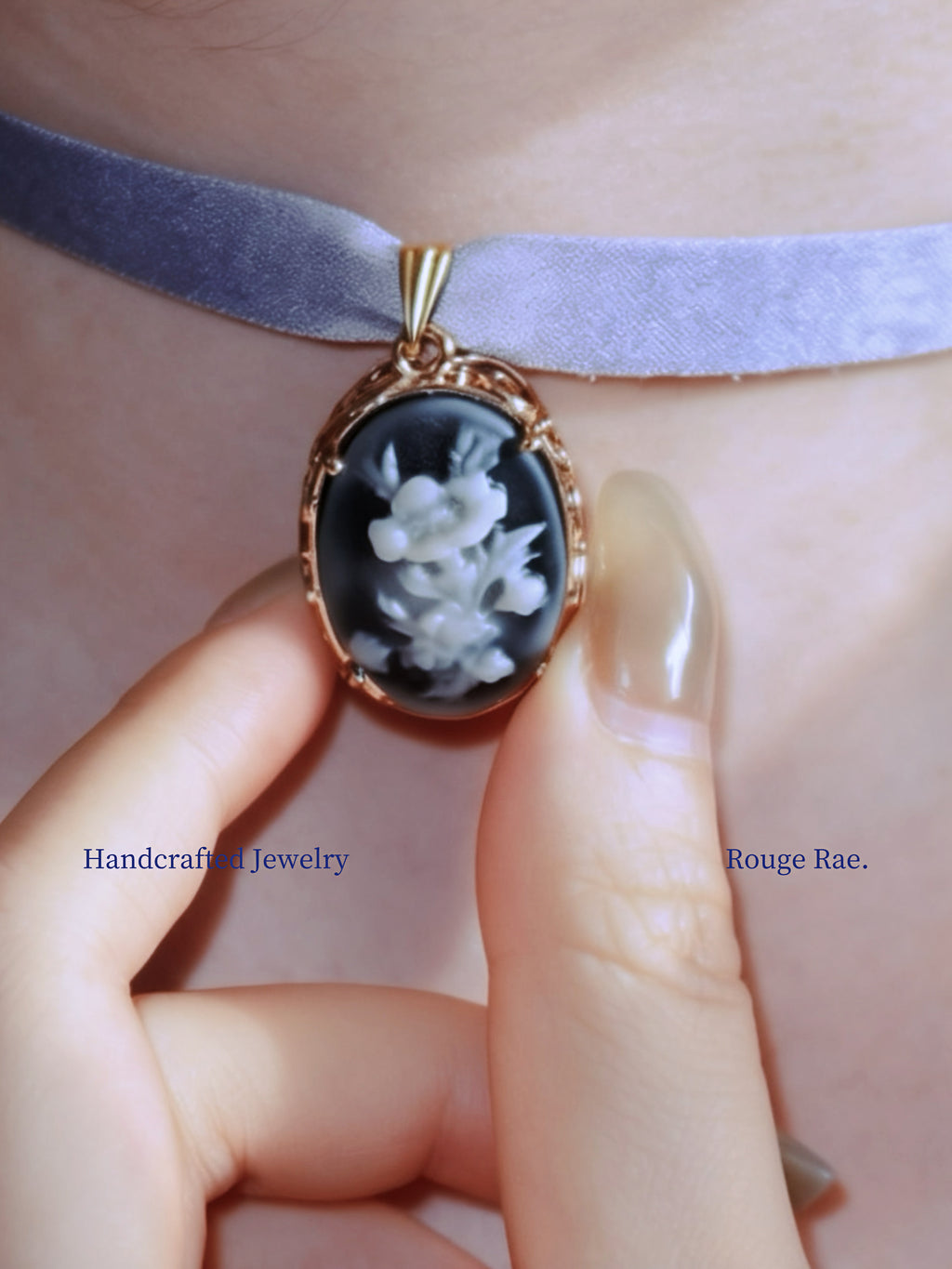 The Deep Nocturne. Vintage Carved Resin Rose Cameo Ribbon Choker-Necklace