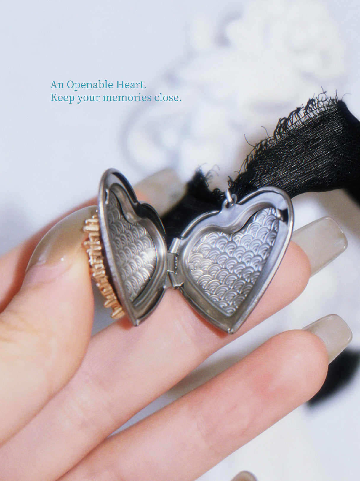 The Abyssal Heart. Vintage Sea-Green Stone Heart Locket Ribbon Necklace