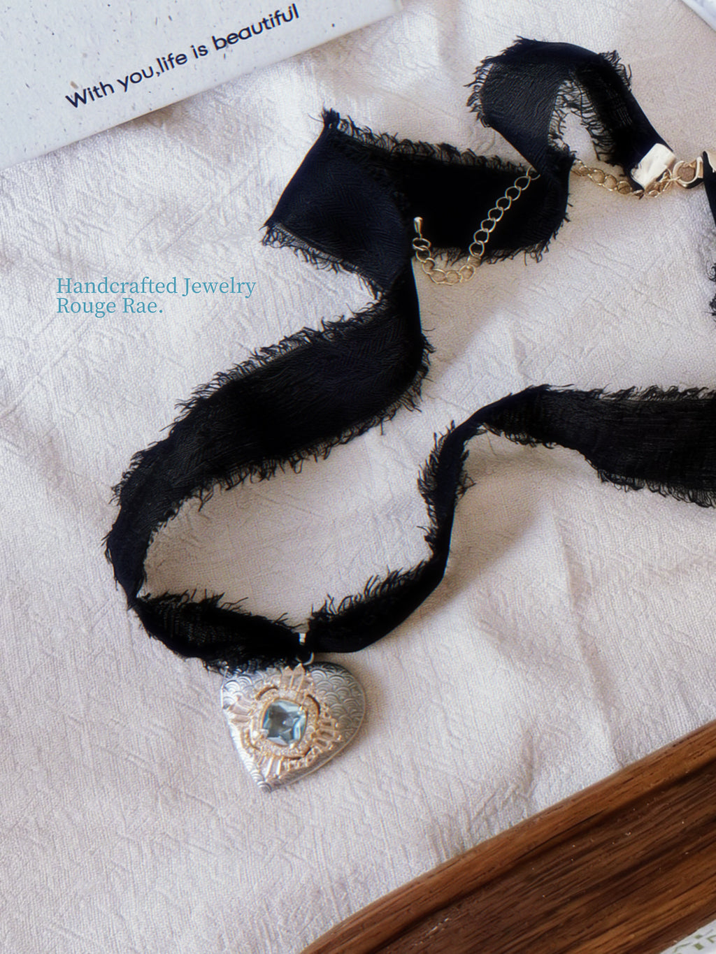 The Abyssal Heart. Vintage Sea-Green Stone Heart Locket Ribbon Necklace