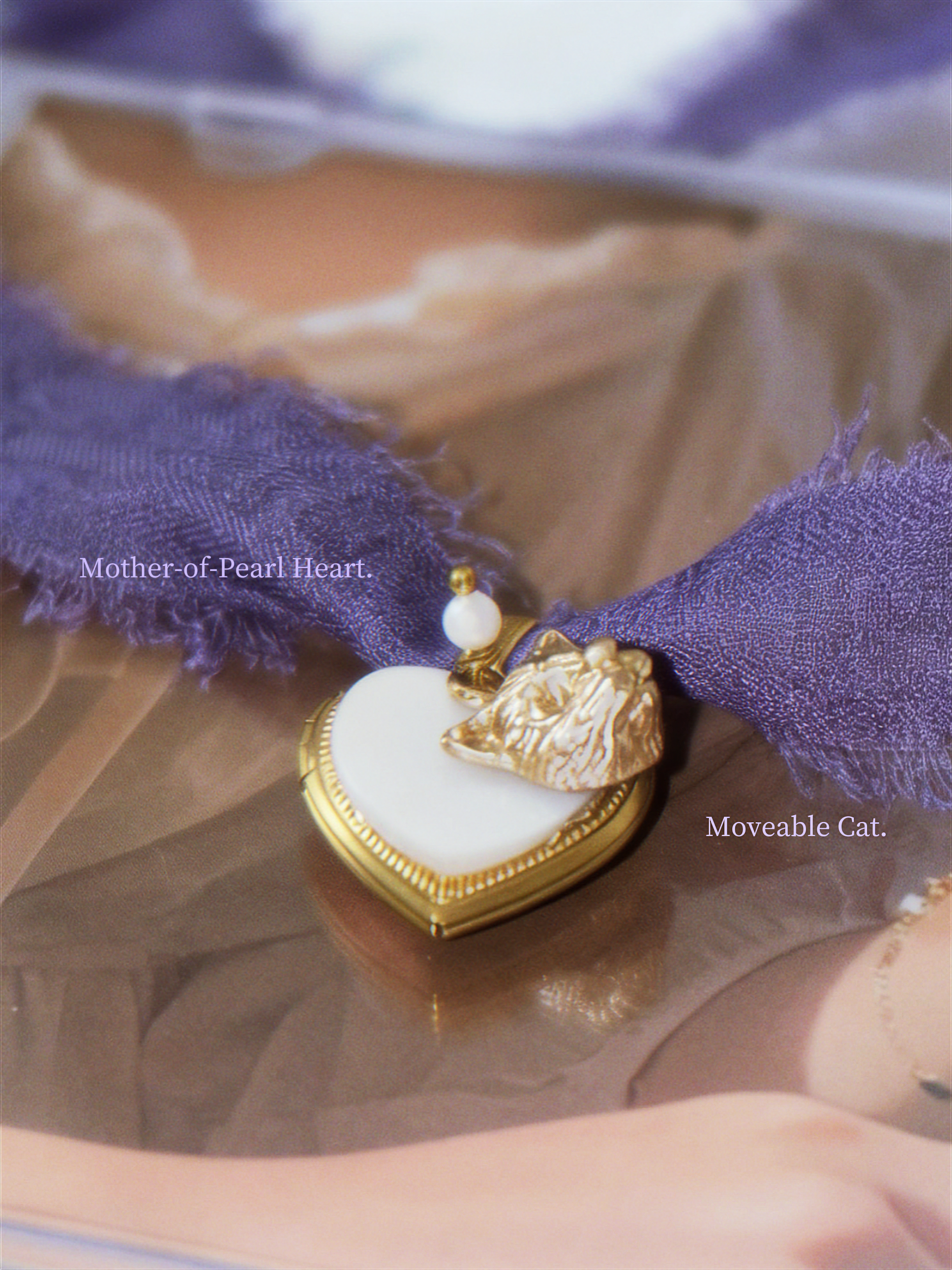 The Witch’s Familiar. Moving Cat Motif Mother-of-Pearl Locket Necklace