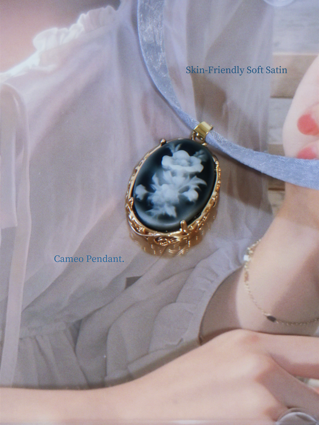 The Deep Nocturne. Vintage Carved Resin Rose Cameo Ribbon Choker-Necklace