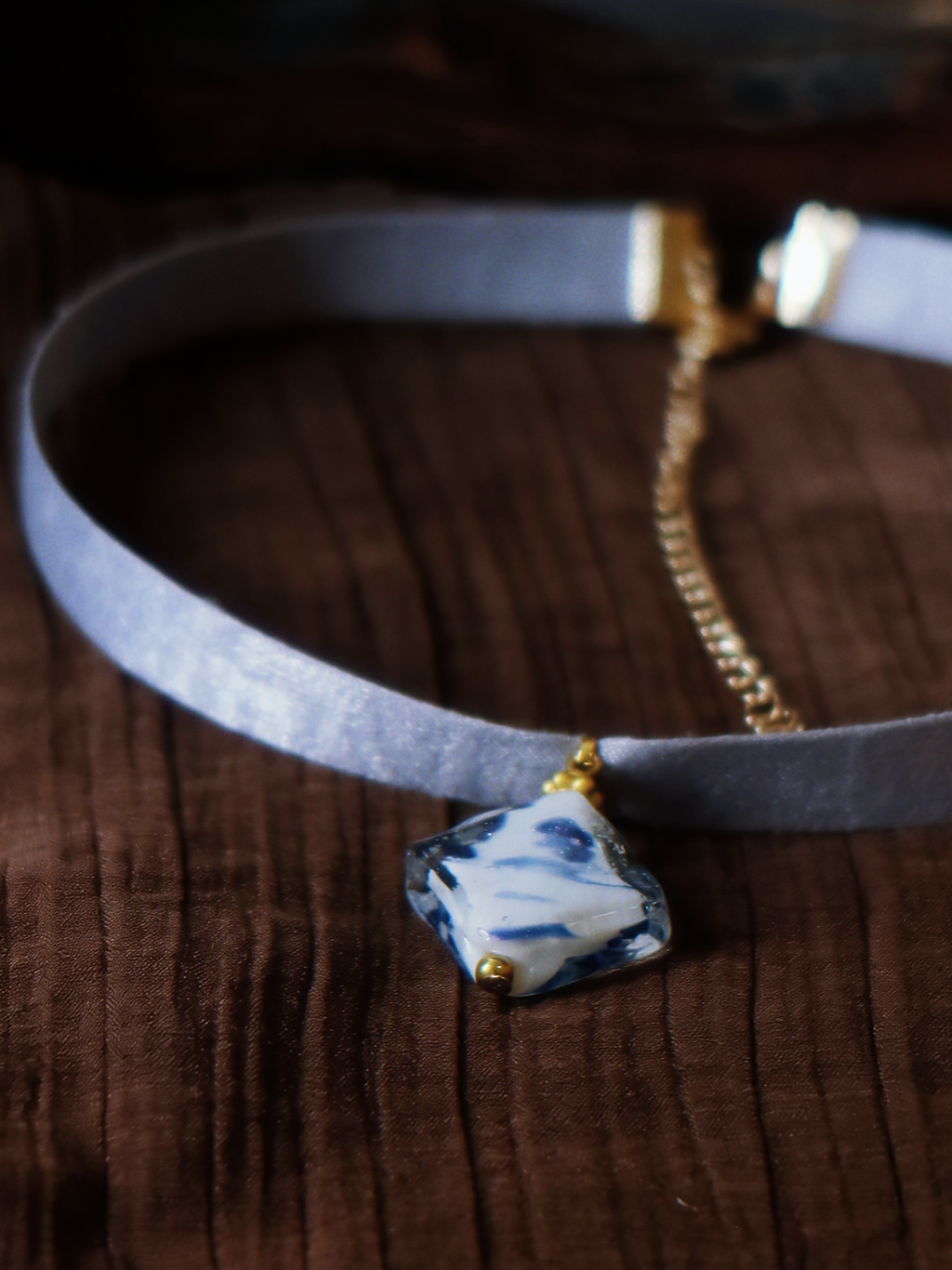 The Floating Ink. Chinoiserie Diamond Lampwork Glass Ribbon Necklace