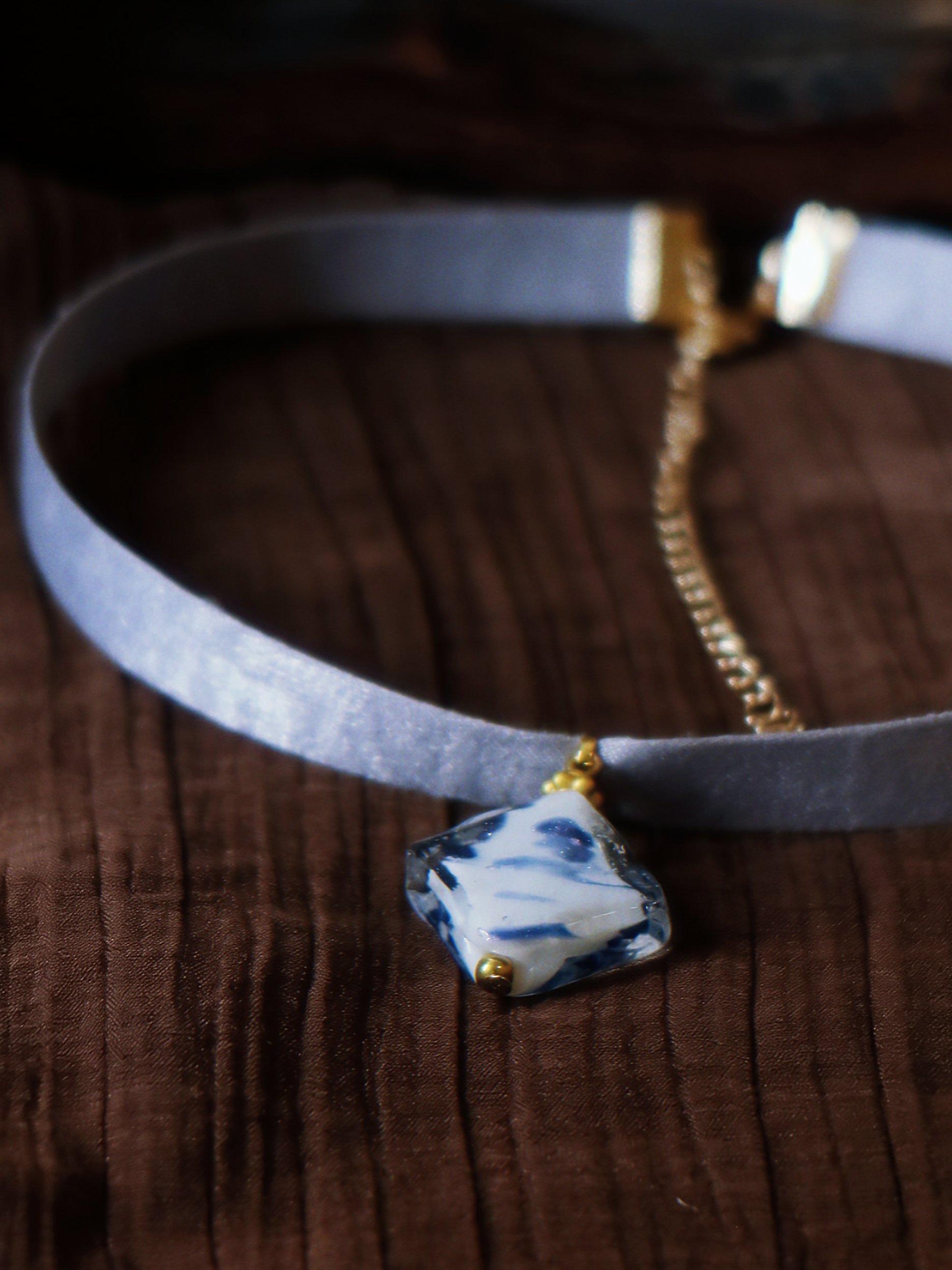 The Floating Ink. Chinoiserie Diamond Lampwork Glass Ribbon Necklace